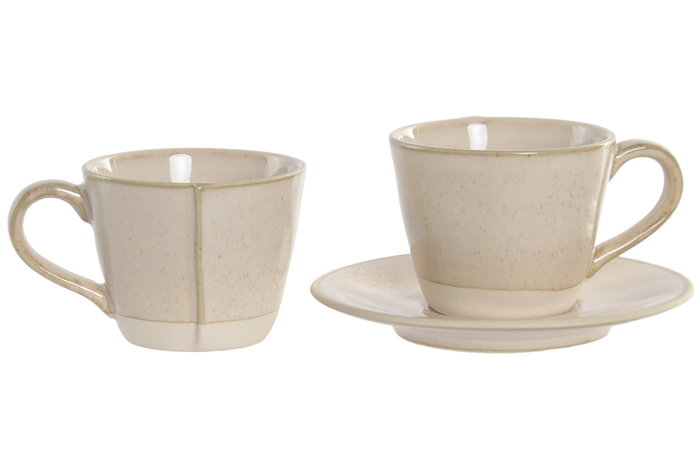 DKD Home Decor Set de Café Liangfeng 26 de Gres y Acacia Beige, 6 Piezas