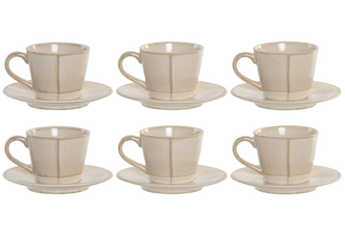 DKD Home Decor Set de Café Liangfeng 26 de Gres y Acacia Beige, 6 Piezas