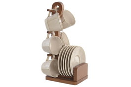 DKD Home Decor Set de Café Liangfeng 26 de Gres y Acacia Beige, 6 Piezas