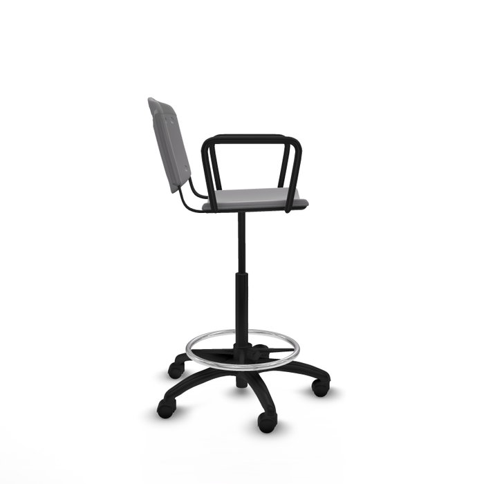 Taburete Robledo con mecanismo Giratorio de PVC color Gris claro. Equipado con Base poliamida negra, Brazos fijos y Ruedas de nailon 50 mm Taburete Robledo con mecanismo Giratorio de PVC color Gris claro. Equipado con Base poliamida negra, Brazos fijos y Ruedas de nailon 50 mm