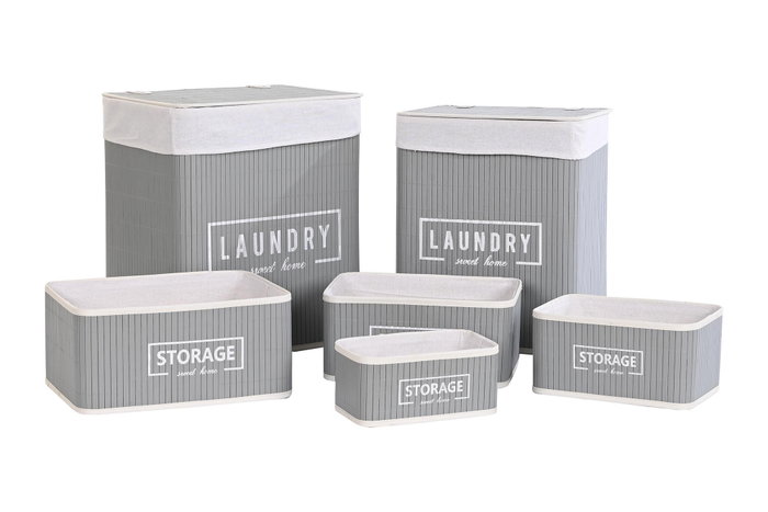 DKD Home Decor Set de 6 Cestos para la Ropa en Bambú y Poliéster Gris Oscuro
