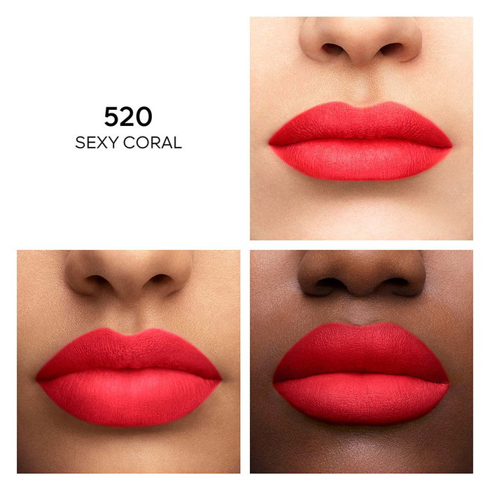 Guerlain KissKiss Barra de Labios Mate Luminosa Confort 16h, Tono #520 Sexy Coral, 2.8 g - Pintalabios de larga duración y textura suave