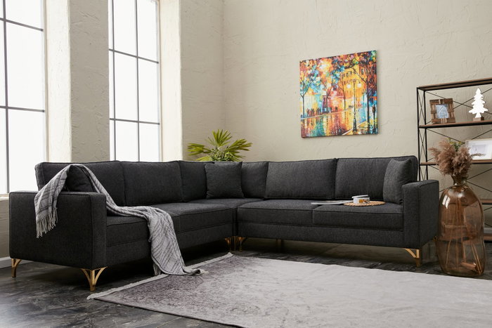 Atelier Del Sofa Sofá Esquinero Antracita y Oro 258x258cm, Confort y Lujo para su Salón Atelier Del Sofa Sofá Esquinero Antracita y Oro 258x258cm, Confort y Lujo para su Salón