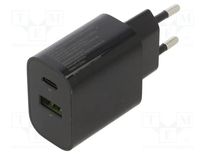 Gembird TA-UC-PDQC20-01-BK Cargador de 20 W con puertos USB-C y USB-A, Negro