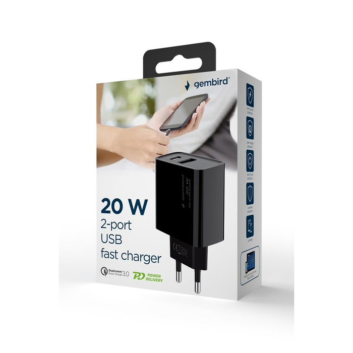 Gembird TA-UC-PDQC20-01-BK Cargador Rápido USB Tipo C Negro