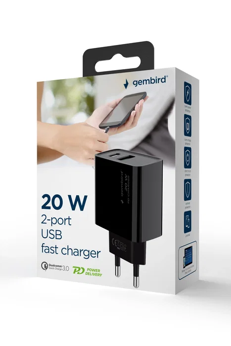 Gembird TA-UC-PDQC20-01-BK Cargador Rápido USB 20W con 2 Puertos (USB-C PD y USB-A QC 3.0), Protecciones Inteligentes, Negro