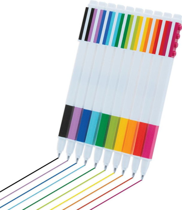 LEGO Set de 10 bolígrafos de tinta gel con colores variados y piezas LEGO de 1x4