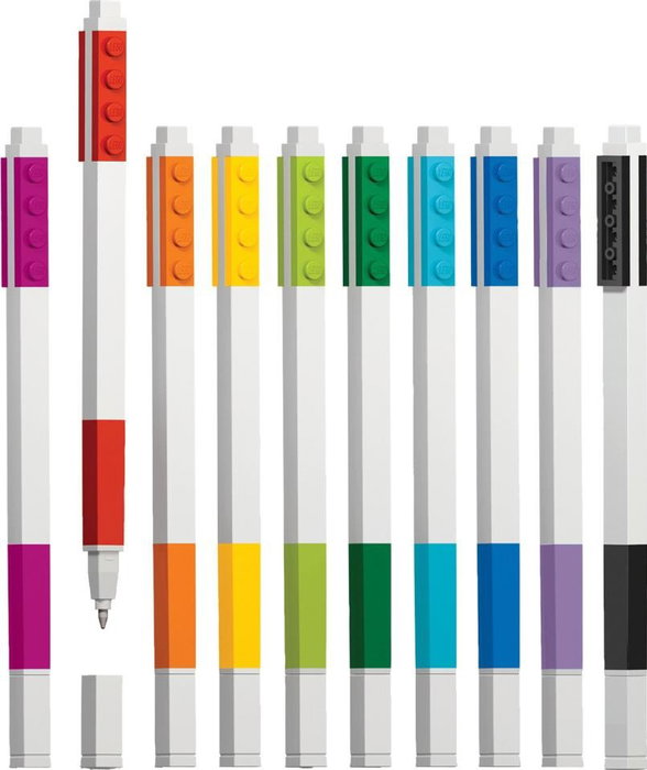 LEGO Set de 10 bolígrafos de tinta gel con colores variados y piezas LEGO de 1x4