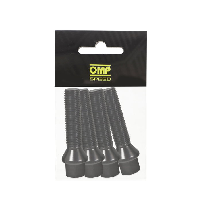 OMP Juego de 4 Tornillos M12x1.5 Cónico Largo 50mm Negro con Llave 17mm OMP Juego de 4 Tornillos M12x1.5 Cónico Largo 50mm Negro con Llave 17mm