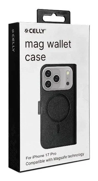 Celly WALLYMAG Funda cartera para iPhone 17 Pro, con MagSafe, soporte de sobremesa, 3 bolsillos para tarjetas, imitación piel, negro