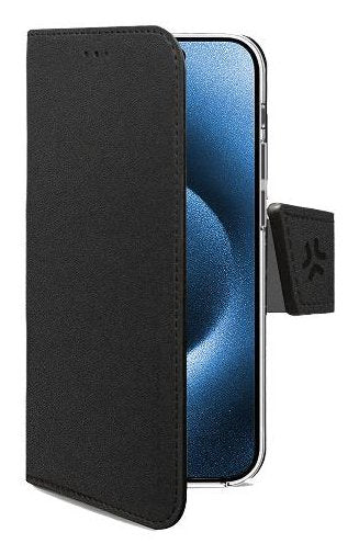 Celly WALLYMAG Funda cartera para iPhone 17 Pro, con MagSafe, soporte de sobremesa, 3 bolsillos para tarjetas, imitación piel, negro
