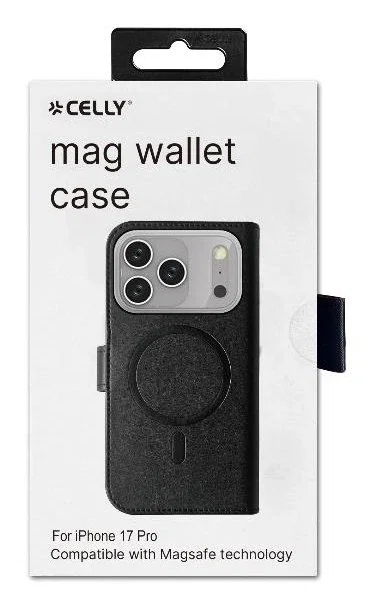 Celly WALLYMAG Funda cartera para iPhone 17 Pro, con MagSafe, soporte de sobremesa, 3 bolsillos para tarjetas, imitación piel, negro