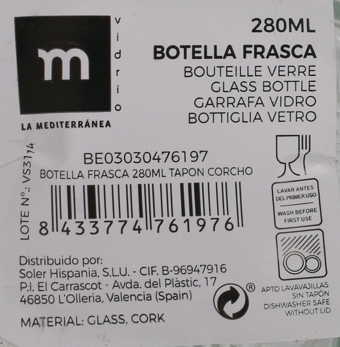 La Mediterranea Botella Frasca de 280 ml con Tapón de Corcho (36 Unidades)