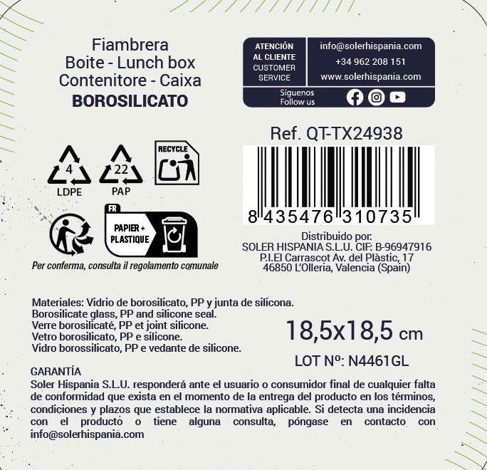 Inde Fiambrera Cuadrada Hermética Textury 18.5 x 18.5 cm 1.1 L (6 Unidades)