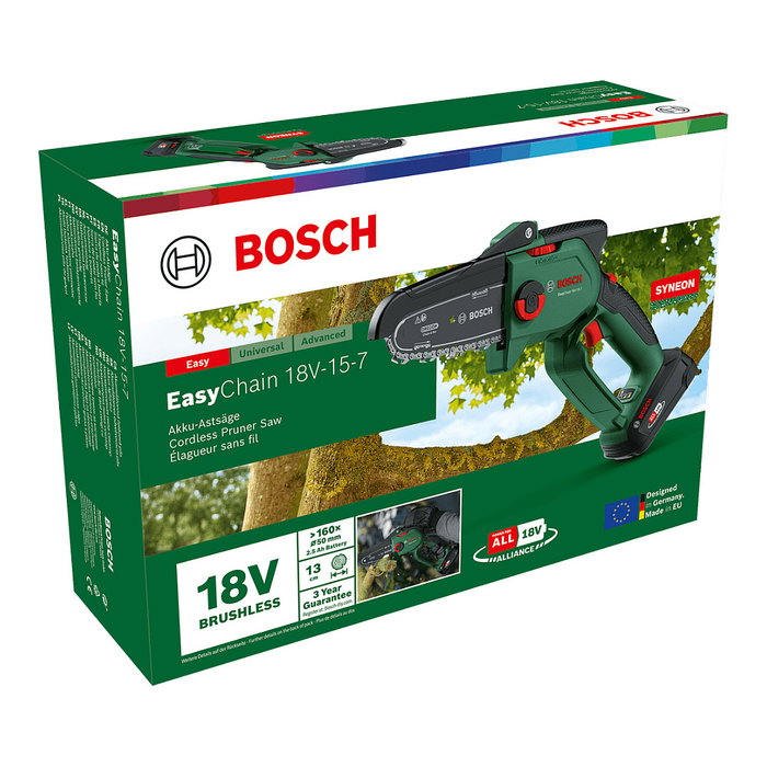 Bosch EasyChain 18V-15-7 Motosierra de Cadena Eléctrica Inalámbrica 18 V, Longitud de Corte 13 cm, Cadena 15 cm, Mango Ergonómico, SDS, Color Negro/Verde
