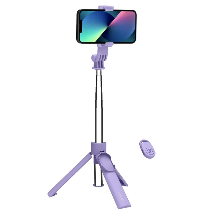 Celly CLICKSFSTICKVL Palo Selfie con Trípode y Mando Bluetooth, Telescópico (71 cm), Color Violeta para Smartphone