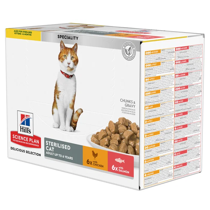 Hill's Science Plan Adult Sterilised Gatos Pollo y Salmón Multipack 48x85g Hill's Science Plan Adult Sterilised Gatos Pollo y Salmón Multipack 48x85g