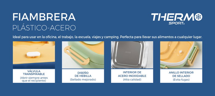 Thermosport Fiambrera Plástico-Acero Cuadrada 750 ml 17.5 cm x 17.3 cm x 8.4 cm (6 Unidades)