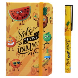 CMP General Libreta con Bolígrafo "Fruta" Tapa Dura Goma Sujeción Marcapáginas 160 Páginas 14x9 cm