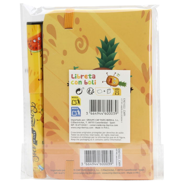 CMP General Libreta con Bolígrafo "Fruta" Tapa Dura Goma Sujeción Marcapáginas 160 Páginas 14x9 cm