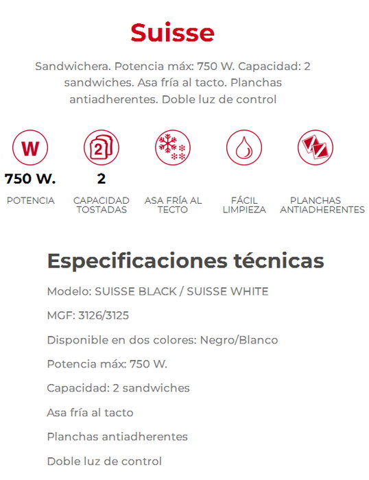 MAGEFESA Sandwichera Suisse White 750W MGF3125 MAGEFESA Sandwichera Suisse White 750W MGF3125