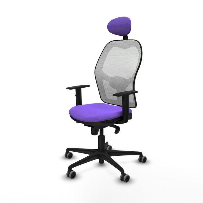 Silla de oficina Jorquera con mecanismo Sincro tapizada con Tela color Lila y malla color Blanco. Equipada con lumbar 1D, Brazos 1D, Cabecero Fijo y Ruedas 65 mm parqué