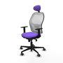 Silla de oficina Jorquera con mecanismo Sincro tapizada con Tela color Lila y malla color Blanco. Equipada con lumbar 1D, Brazos 1D, Cabecero Fijo y Ruedas 65 mm parqué