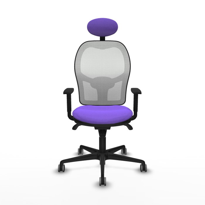 Silla de oficina Jorquera con mecanismo Sincro tapizada con Tela color Lila y malla color Blanco. Equipada con lumbar 1D, Brazos 1D, Cabecero Fijo y Ruedas 65 mm parqué