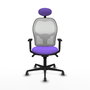 Silla de oficina Jorquera con mecanismo Sincro tapizada con Tela color Lila y malla color Blanco. Equipada con lumbar 1D, Brazos 1D, Cabecero Fijo y Ruedas 65 mm parqué