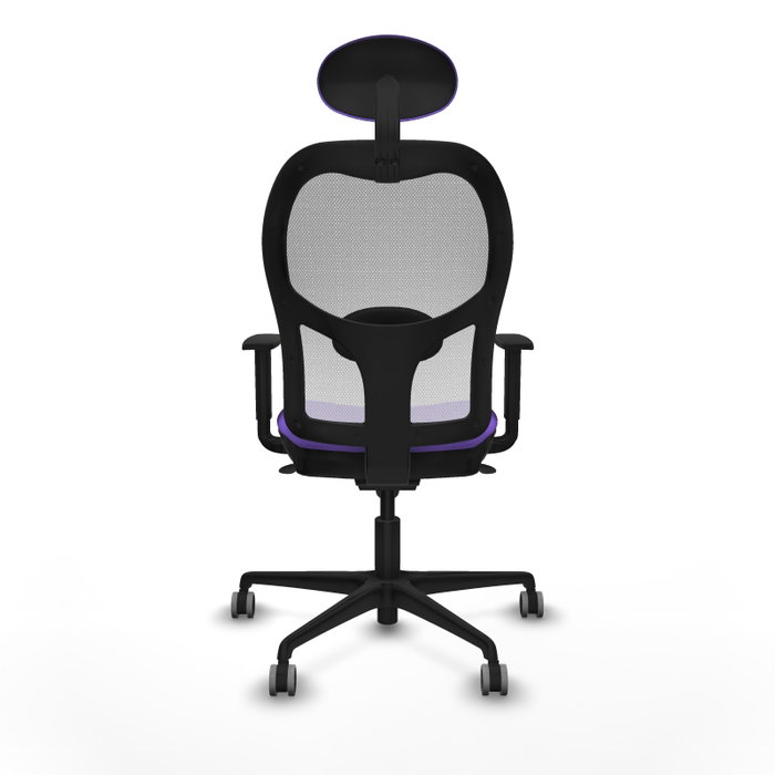 Silla de oficina Jorquera con mecanismo Sincro tapizada con Tela color Lila y malla color Blanco. Equipada con lumbar 1D, Brazos 1D, Cabecero Fijo y Ruedas 65 mm parqué