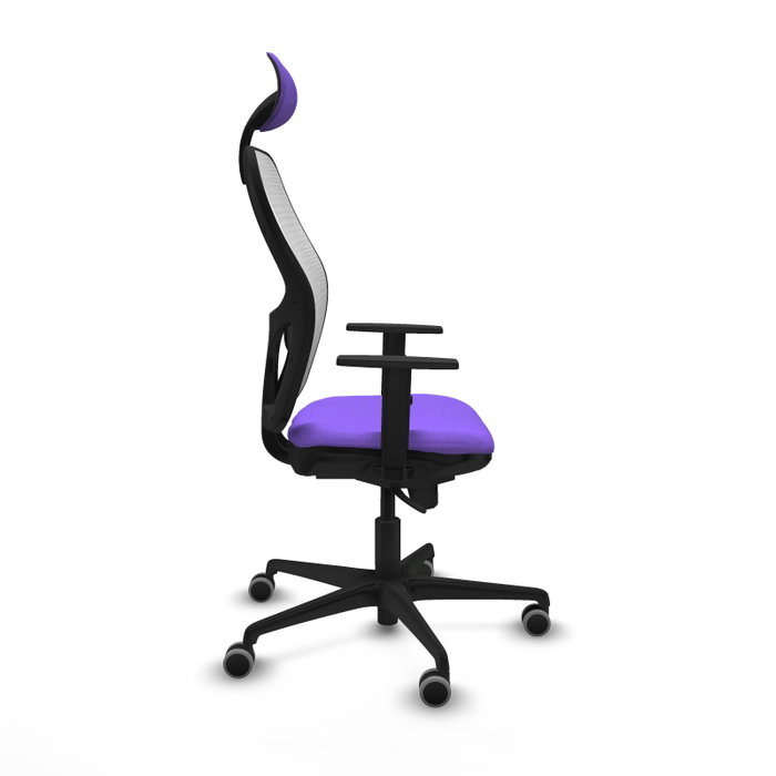 Silla de oficina Jorquera con mecanismo Sincro tapizada con Tela color Lila y malla color Blanco. Equipada con lumbar 1D, Brazos 1D, Cabecero Fijo y Ruedas 65 mm parqué