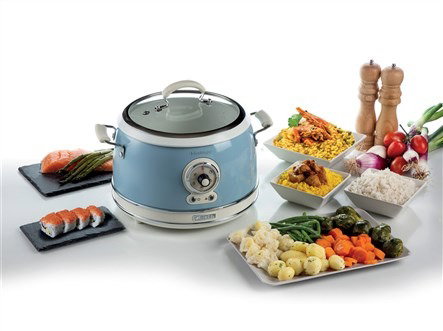Ariete 2904/05 Olla Arrocera Multifunción 10 Tazas, Cocción Lenta, Mantener Caliente 24h, Vapor, Risotto, Tapa Vidrio, Azul Vintage