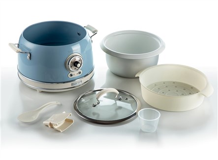 Ariete 2904/05 Olla Arrocera Multifunción 10 Tazas, Cocción Lenta, Mantener Caliente 24h, Vapor, Risotto, Tapa Vidrio, Azul Vintage