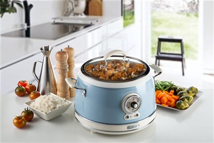 Ariete 2904/05 Olla Arrocera Multifunción 10 Tazas, Cocción Lenta, Mantener Caliente 24h, Vapor, Risotto, Tapa Vidrio, Azul Vintage