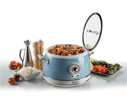 Ariete 2904/05 Olla Arrocera Multifunción 10 Tazas, Cocción Lenta, Mantener Caliente 24h, Vapor, Risotto, Tapa Vidrio, Azul Vintage