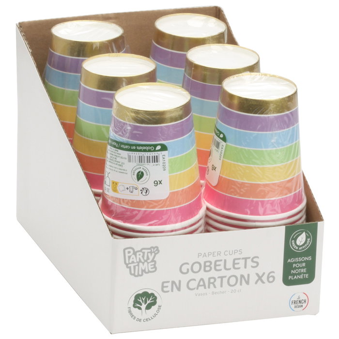 Party Time Juego De 6 Vasos De Cartón Arco Iris Colección Licorne 200 ml