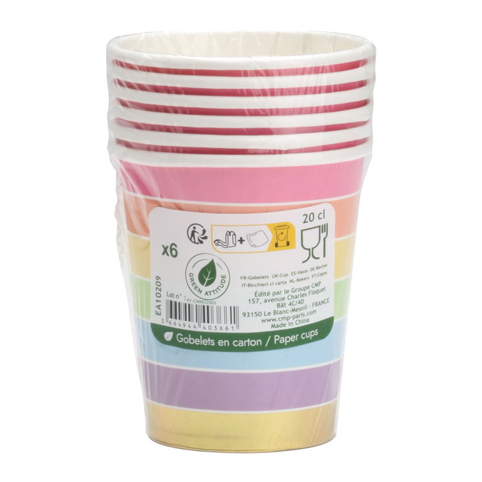 Party Time Juego De 6 Vasos De Cartón Arco Iris Colección Licorne 200 ml