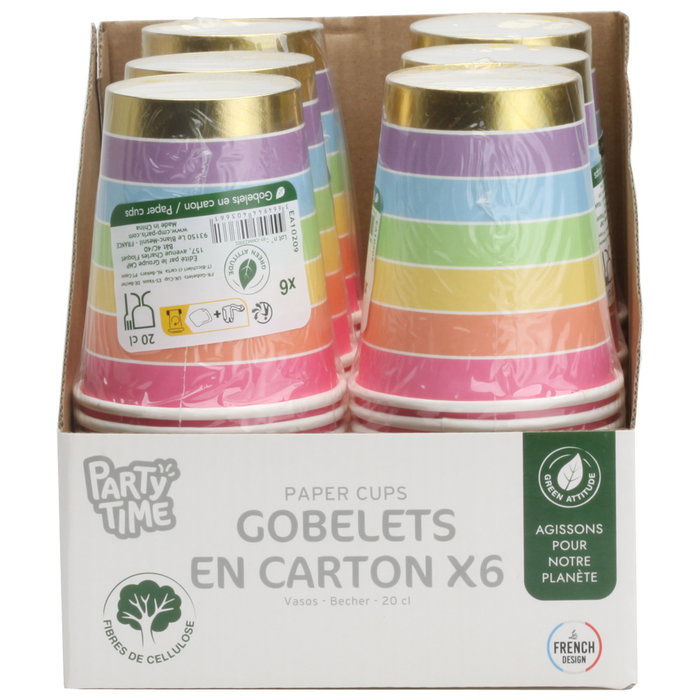Party Time Juego De 6 Vasos De Cartón Arco Iris Colección Licorne 200 ml
