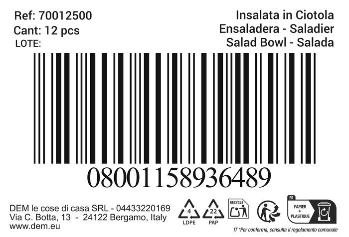 Inde Ensaladera "Elian" de 3 Litros con Tapa, 24.5 cm de Ancho x 24.3 cm de Largo x 10.8 cm de Alto (12 Unidades)