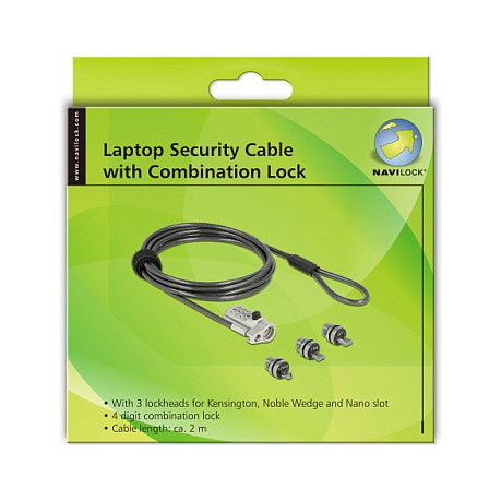 DeLOCK Cable de Seguridad para Portátil Navilock 20677 con Combinación de 3 Anclajes (Nano, Cuña, Kensington), Acero, Negro/Plata, Longitud 2 m