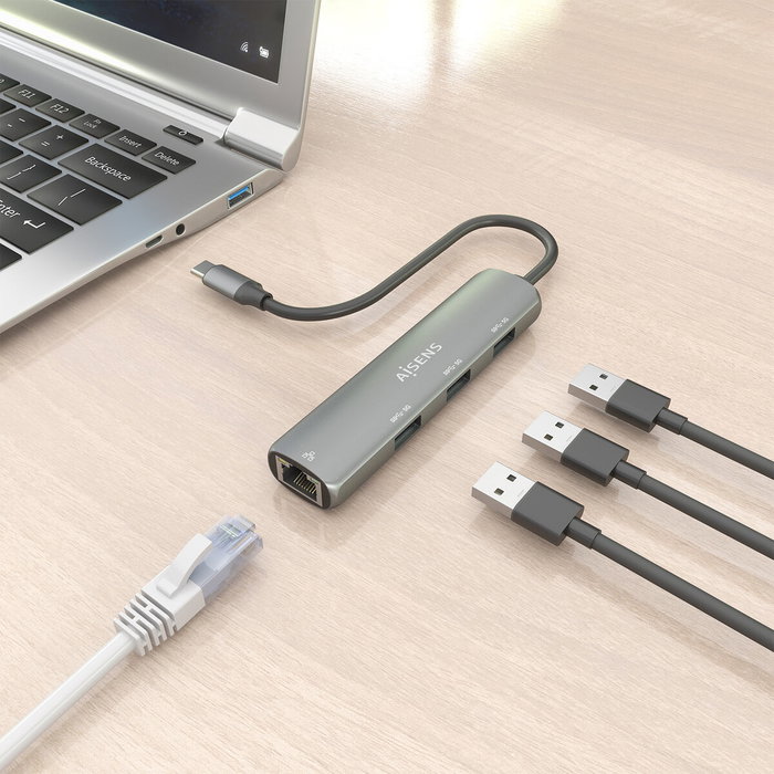 AISENS Dock USB-C a Ethernet Gigabit + Hub 3xUSB-A, Gris, 15cm