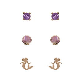 Disney Set 3 Pares de Pendientes La Sirenita Ariel con Piedras Moradas y Diseño Dorado