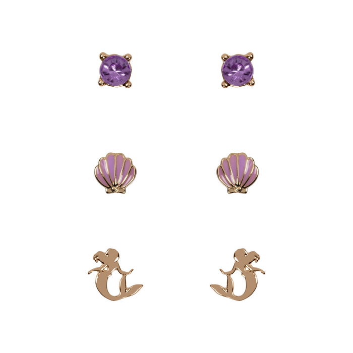 Disney Set 3 Pares de Pendientes La Sirenita Ariel con Piedras Moradas y Diseño Dorado Disney Set 3 Pares de Pendientes La Sirenita Ariel con Piedras Moradas y Diseño Dorado