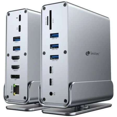 Leotec LEDS06 Docking Station USB Tipo-C 15 en 1 con 5xUSB, 2xUSB Tipo-C, 1xUSB Tipo-C PD, 1xDisplayPort, 2xHDMI 4K, 1xRJ45, Gris