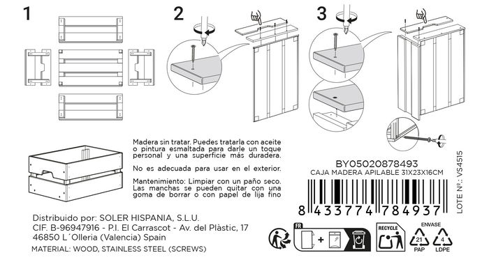 Inde Caja Madera Apilable 31 cm x 23 cm x 15 cm (4 Unidades)