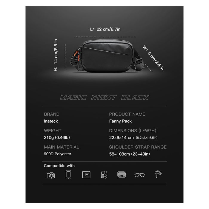Inateck FB01002 Riñonera Unisex de Poliéster Negra 24.5cm x 14cm x 5.5cm
