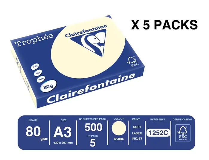 Trophee Papel de color DIN A3 crema pastel 80 gr, paquete de 500 hojas
