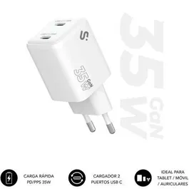 Subblim SUBCHG-6G3520 Cargador de Pared GaN 35W con 2 Puertos USB Tipo-C, Carga Rápida PD 3.0 y PPS para MacBook, iPad, iPhone, Galaxy