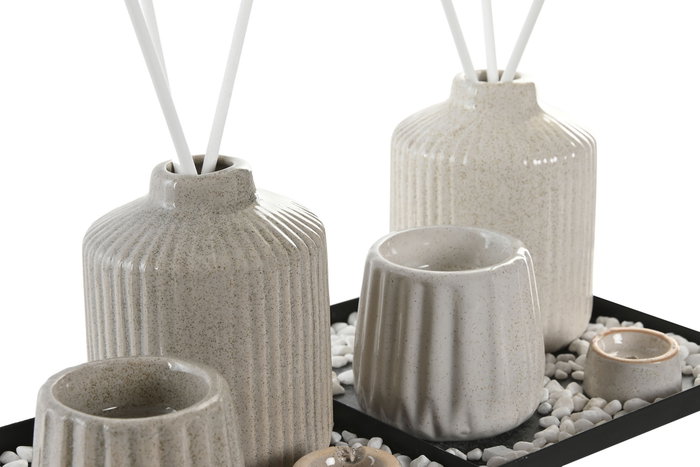 DKD Home Decor Set de Decoración de 3 Piezas con Jarrón Mikado y Portavelas en Cerámica, 14x14x10 cm