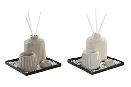 DKD Home Decor Set de Decoración de 3 Piezas con Jarrón Mikado y Portavelas en Cerámica, 14x14x10 cm